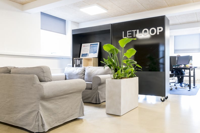 Grå rektangulär kruka med växt i modern kontorsmiljö, på golv med möbler och fönster