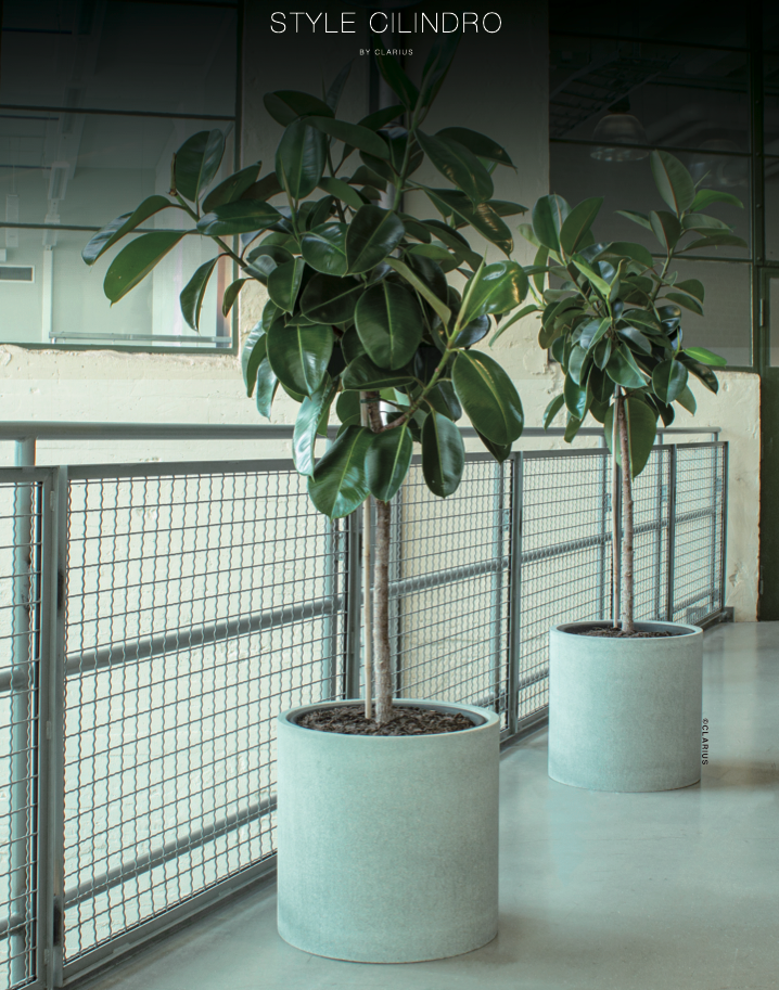 Två cylindriska gråa krukor på terrass med växer i närkontakt med räcke